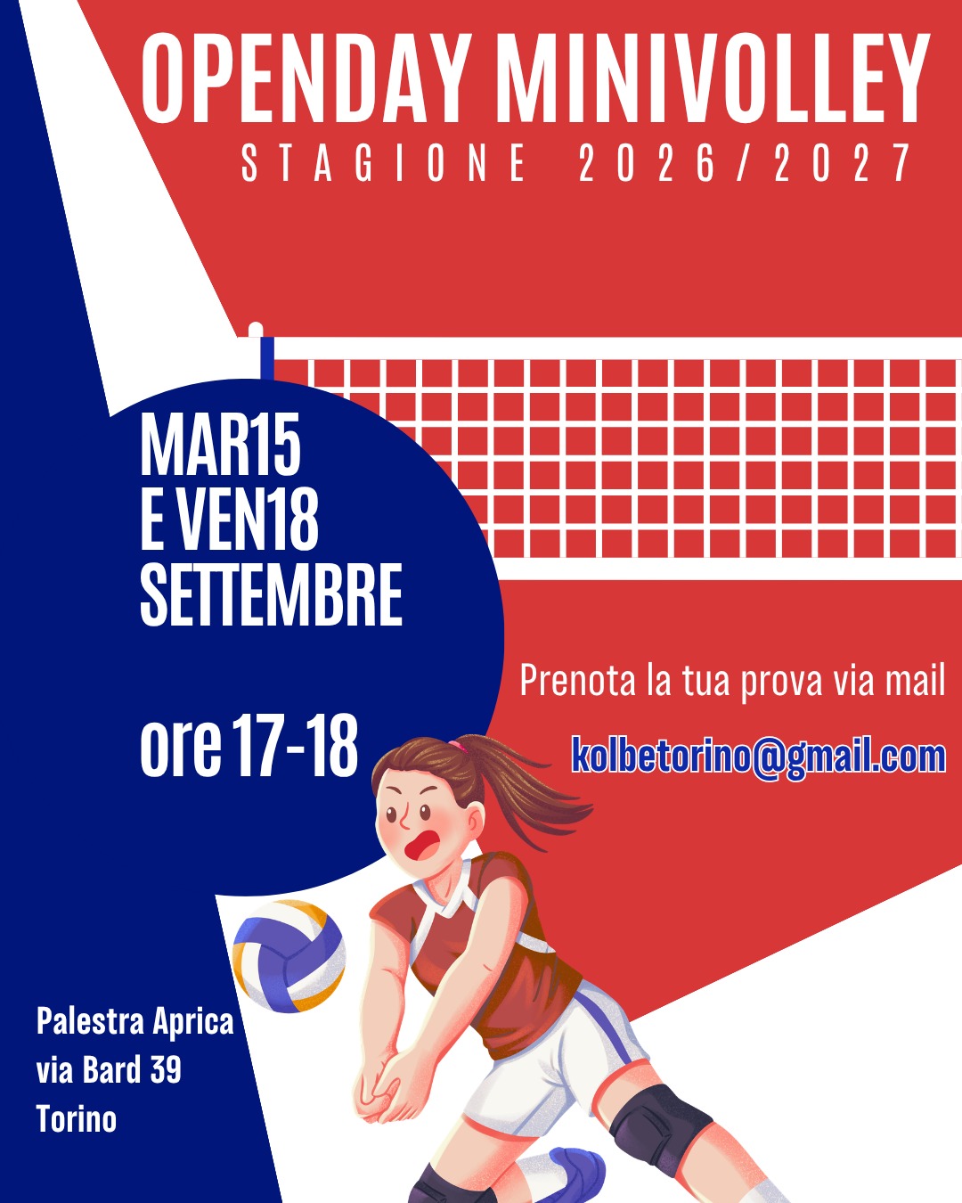 Open Day Minivolley Kolbe Torino 15 e 18 settembre 2026